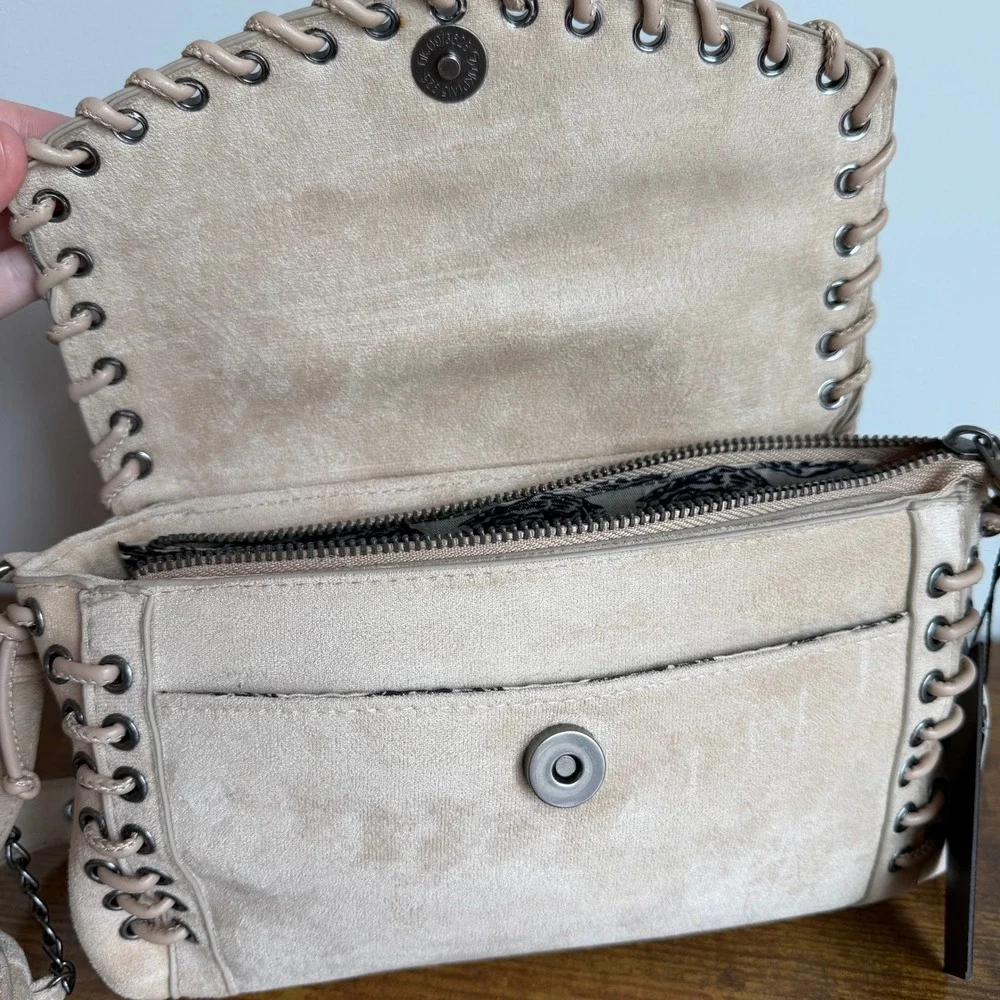 New Ed Hardy Beige Brown Shoulder Handbag Y2K Laced Up Pouch Cream Studded